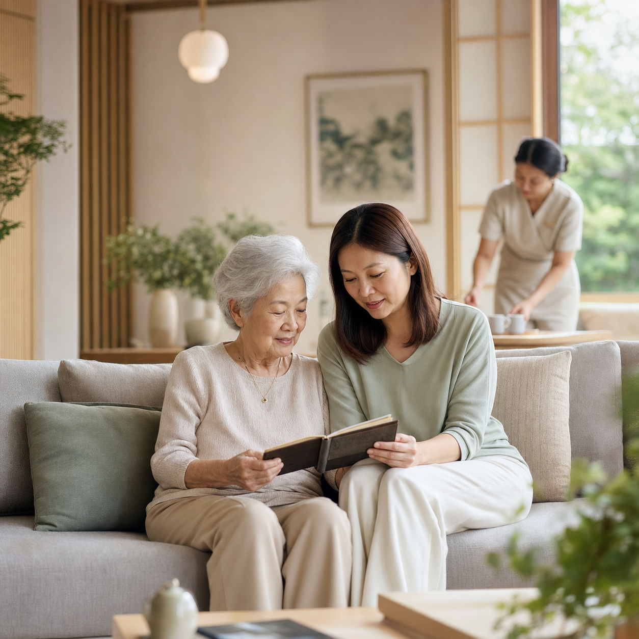 A resident and her daughter sharing a peaceful moment in a welcoming care residence