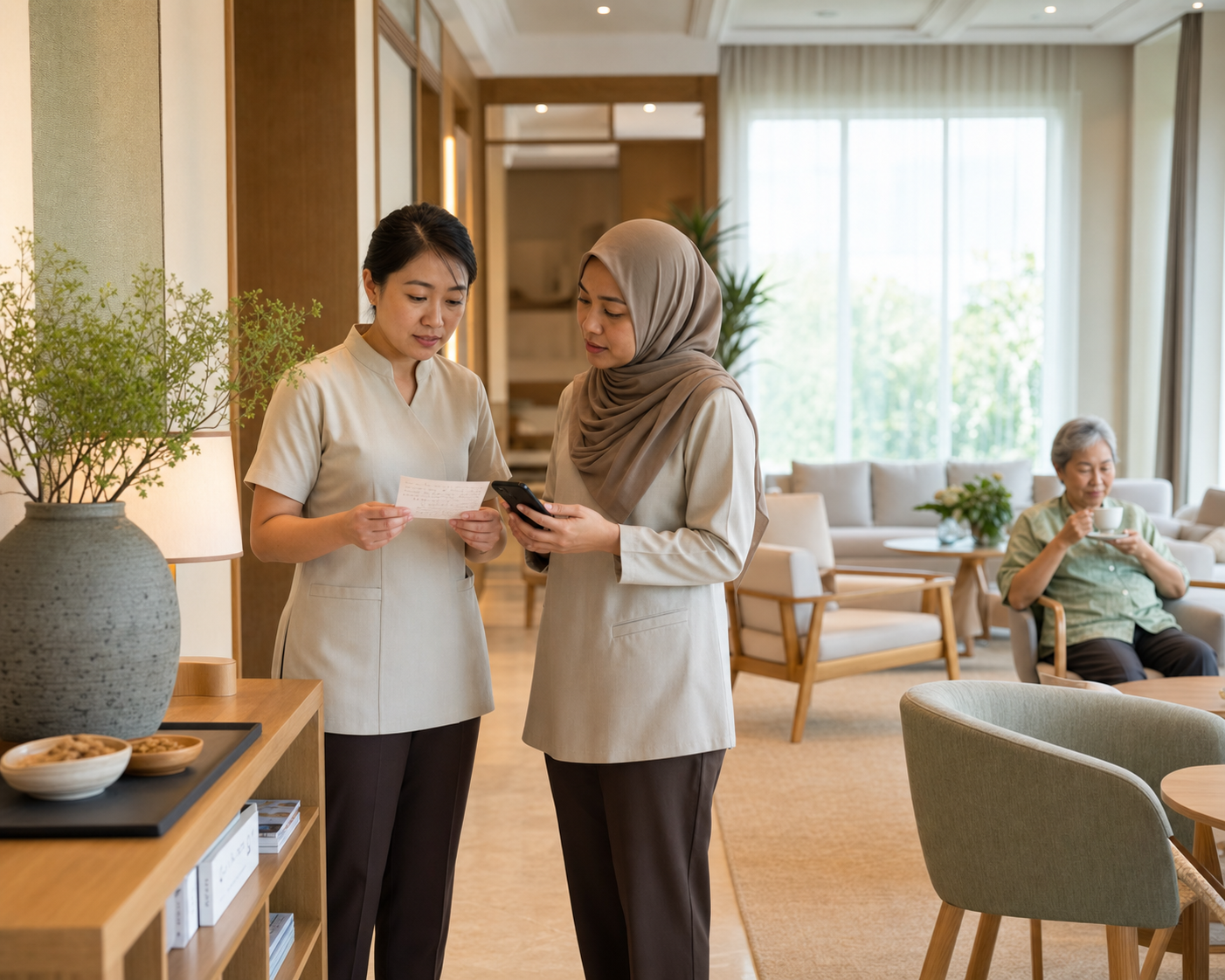 Two care professionals sharing a calm handover while a resident enjoys tea nearby