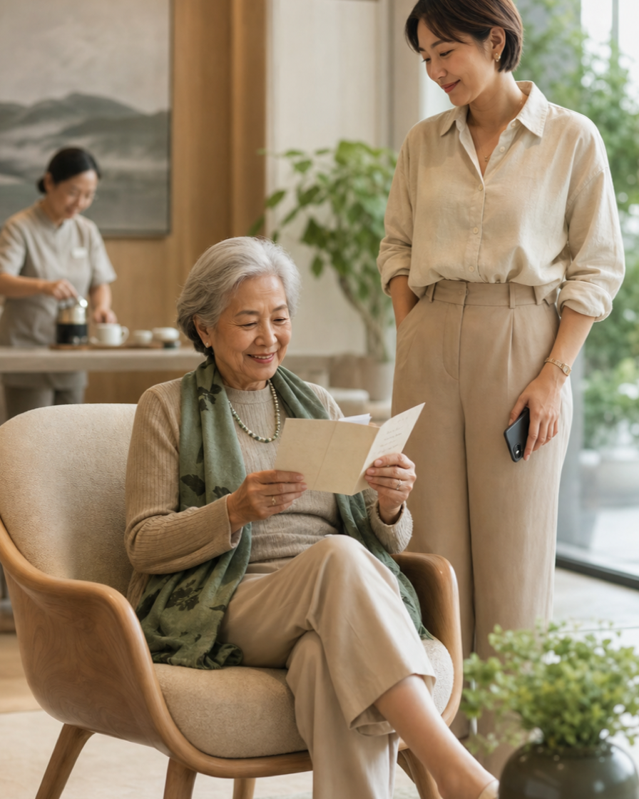 A resident sharing a warm family moment in a bright, welcoming care residence