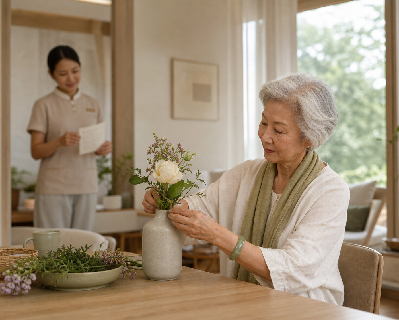 A resident arranging familiar flowers while a care team member supports her preferences